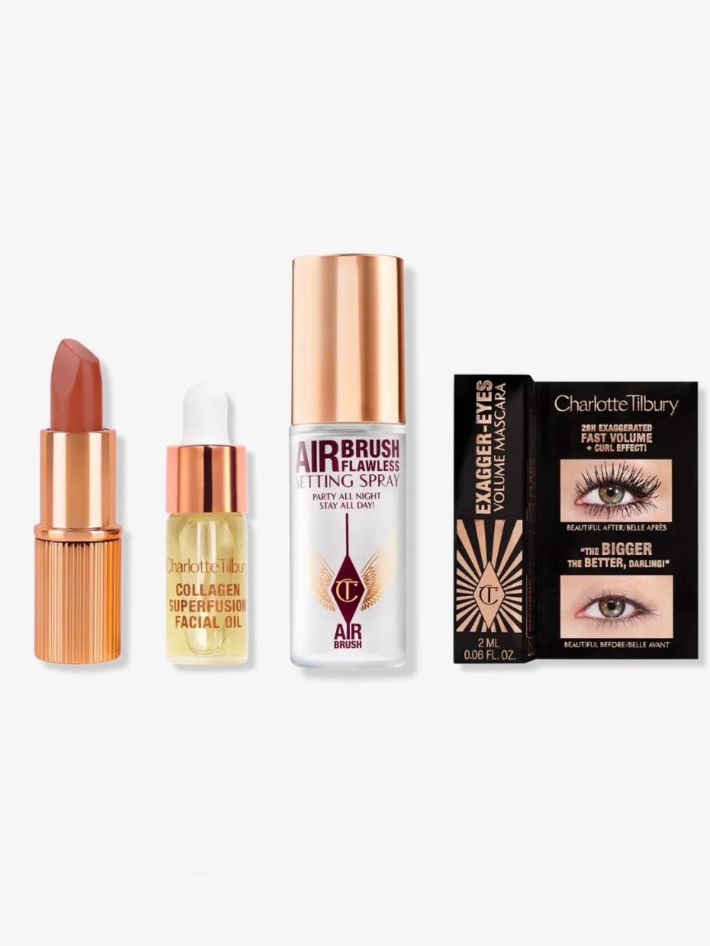 Charlotte Tilbury Makeup Essentials pillow talk airbrush setting spray mascara